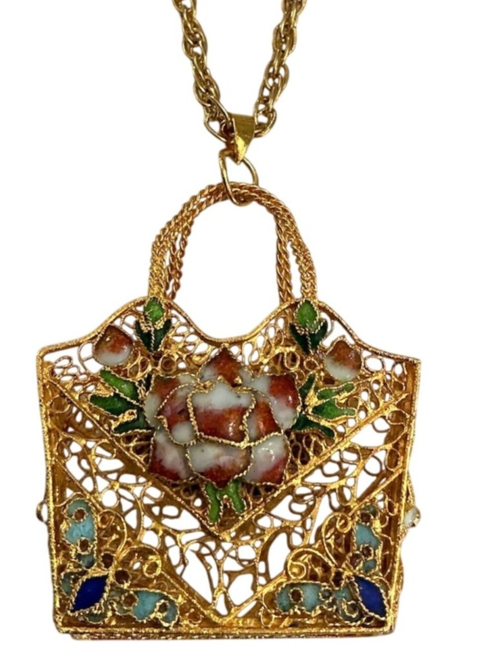 Vintage Cloisonné Filigree Purse Pendant Necklace With Rope Chain Gold-Tone